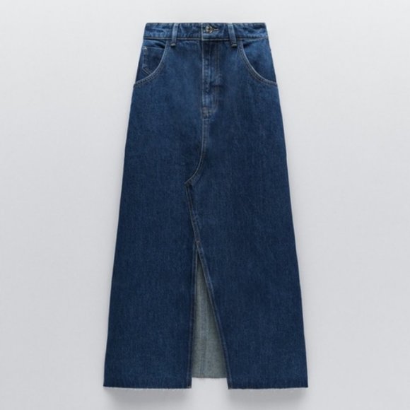 NWT ZARA Dark Blue Denim Midi Skirt - Picture 2 of 9